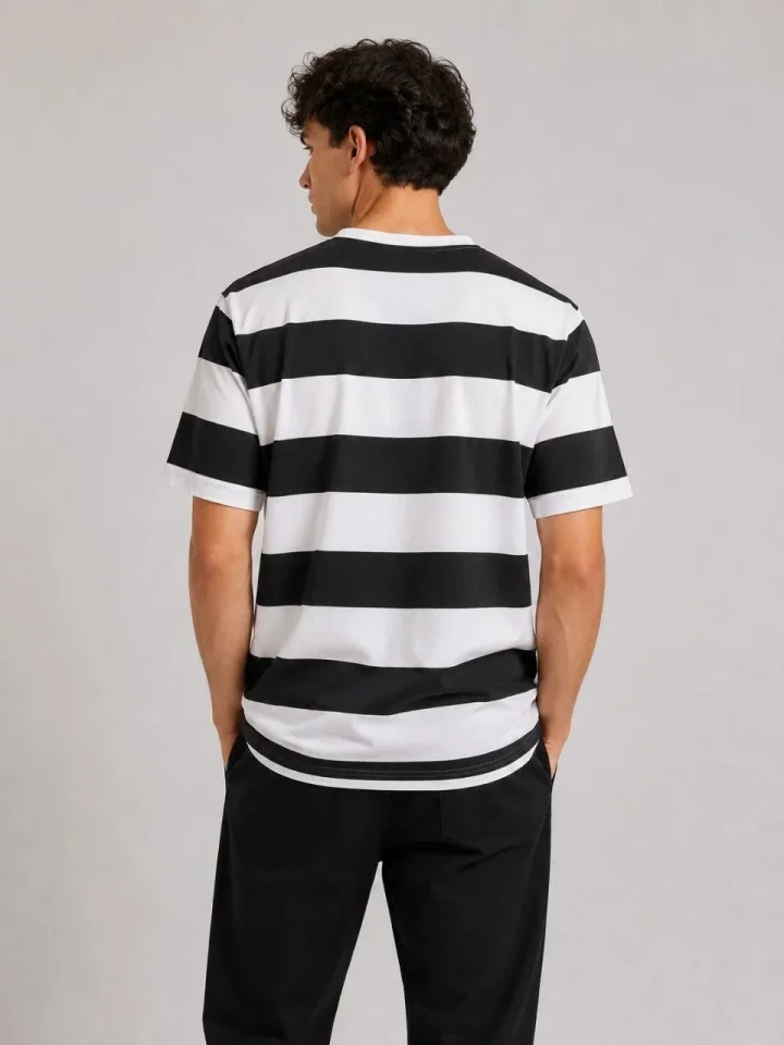Erkek Çizgili Oversize Tişört Bisiklet Yaka Kısa Kol Yazlık T-Shirt - Siyah