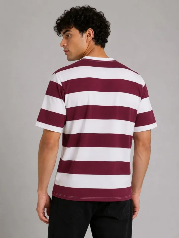 Erkek Çizgili Oversize Tişört Bisiklet Yaka Kısa Kol Yazlık T-Shirt – Bordo