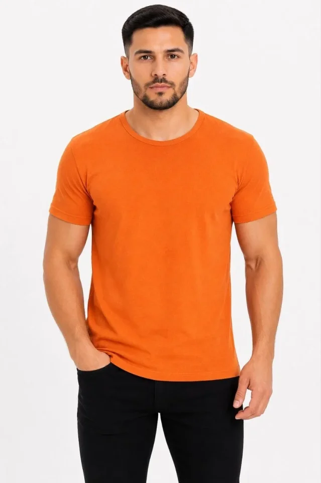 Erkek Basic Tişört Bisiklet Yaka Kısa Kol Günlük Yazlık Slim Fit T-Shirt – Turuncu