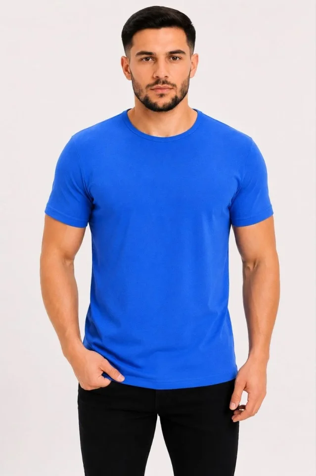 Erkek Basic Tişört Bisiklet Yaka Kısa Kol Günlük Yazlık Slim Fit T-Shirt – Saks Mavisi