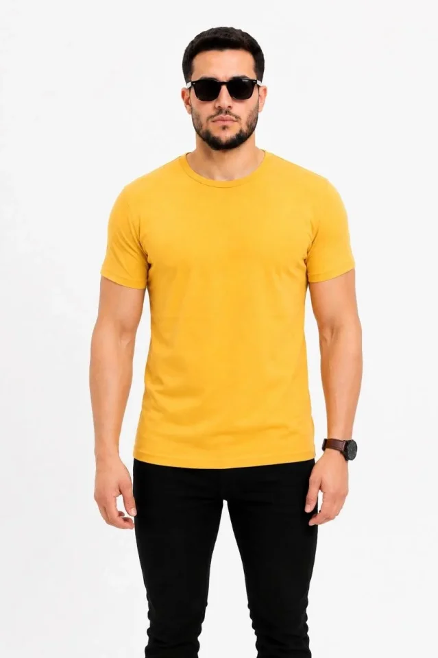 Erkek Basic Tişört Bisiklet Yaka Kısa Kol Günlük Yazlık Slim Fit T-Shirt – Sarı