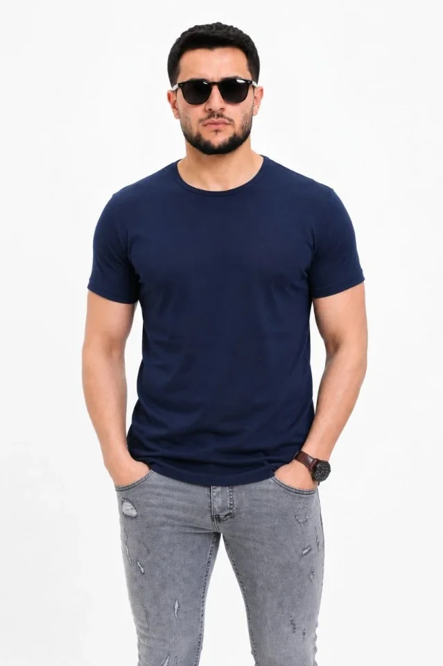 Erkek Basic Tişört Bisiklet Yaka Kısa Kol Günlük Yazlık Slim Fit T-Shirt – Lacivert