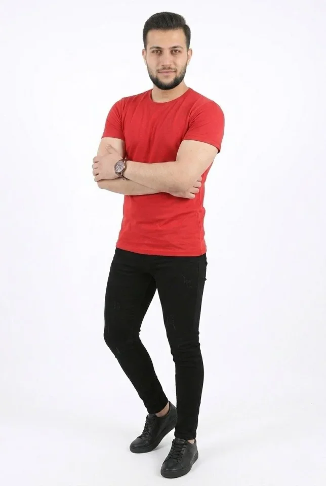 Erkek Basic Tişört Bisiklet Yaka Kısa Kol Günlük Yazlık Slim Fit T-Shirt - Kırmızı