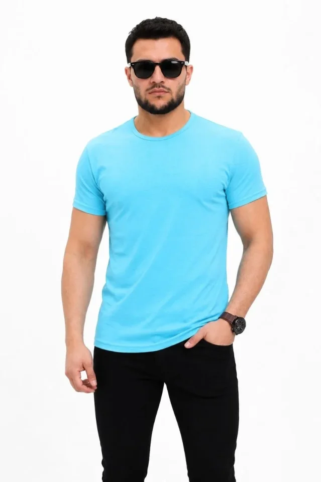 Erkek Basic Tişört Bisiklet Yaka Kısa Kol Günlük Yazlık Slim Fit T-Shirt – Açık Mavi