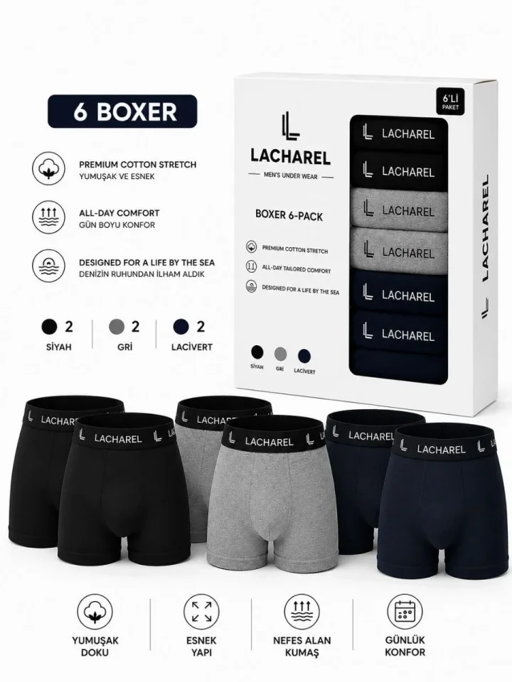 Erkek 12li İç Giyim Seti Pamuklu 6 Boxer 6 Çorap Çoklu Paket – Siyah – Lacivert – Gri – Beyaz