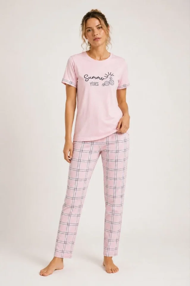 Pamuklu Penye Summer Baskılı Kısa Kollu Pijama Takımı Ekose Desenli - Pembe - Görsel 3