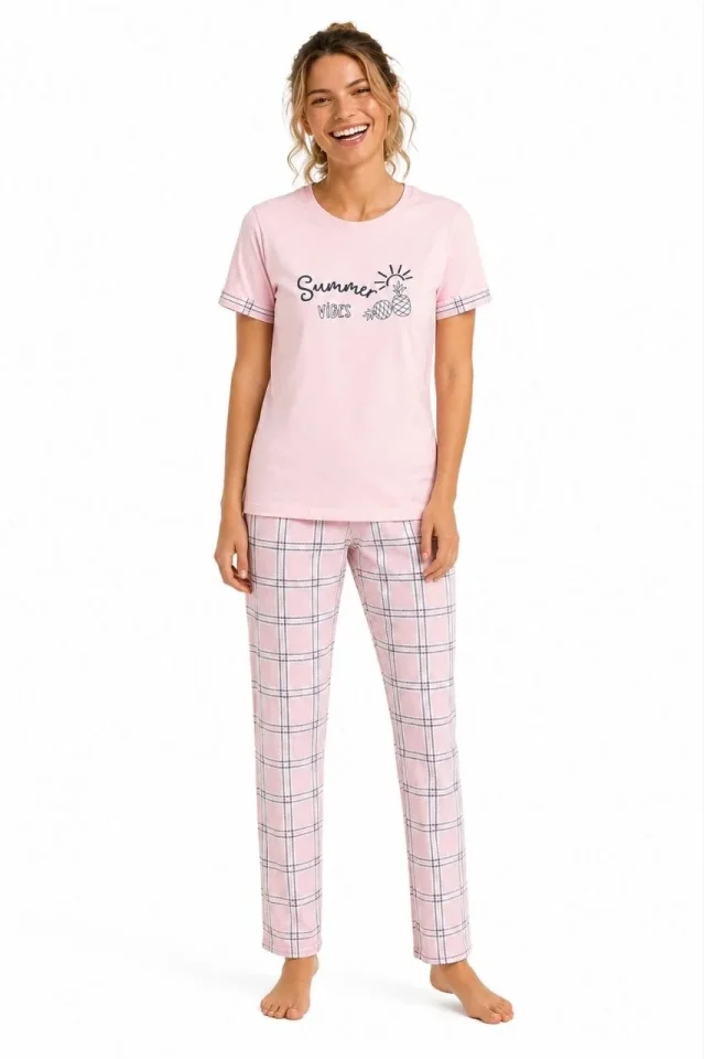Pamuklu Penye Summer Baskılı Kısa Kollu Pijama Takımı Ekose Desenli - Pembe - Görsel 4