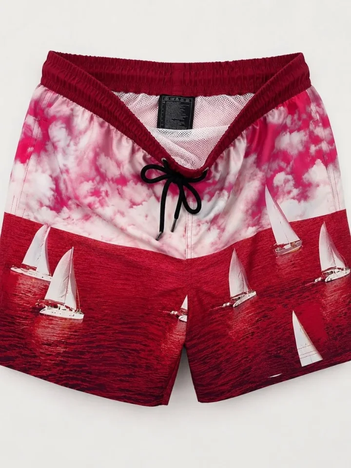 Erkek Yelken Desenli Deniz Şortu Fermuarlı Cepli File Astarlı Hızlı Kuruyan – Bordo