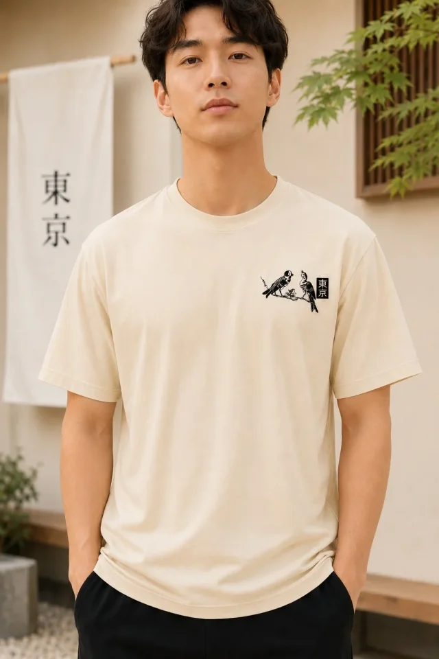 Erkek Ön Ve Arka Tokyo Kuş Çiçek Baskılı Oversize T-Shirt – Ekru