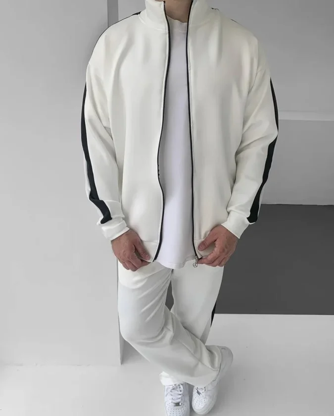 Erkek Scuba Kumaş Oversize Şerit Detaylı Fermuarlı Alt Üst Eşofman Takımı - Beyaz - Görsel 2