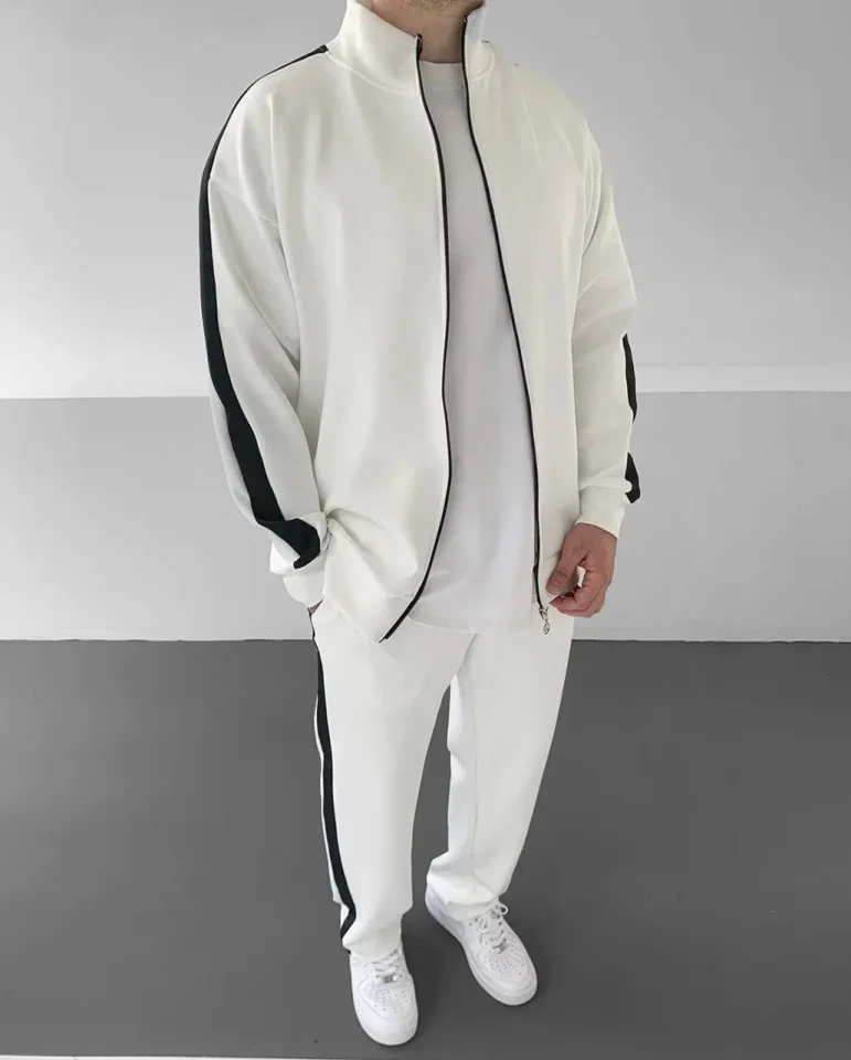Erkek Scuba Kumaş Oversize Şerit Detaylı Fermuarlı Alt Üst Eşofman Takımı - Beyaz - Görsel 3