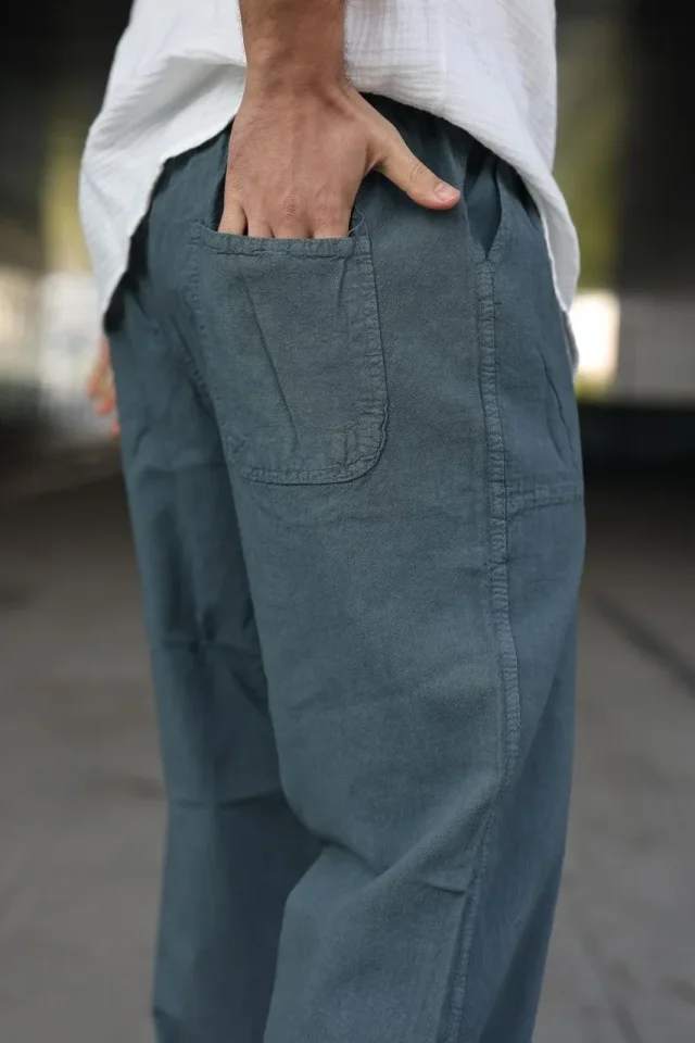 Erkek Ham Keten Beli Lastikli Cepli Regular Fit Boru Paça Pantolon – İndigo