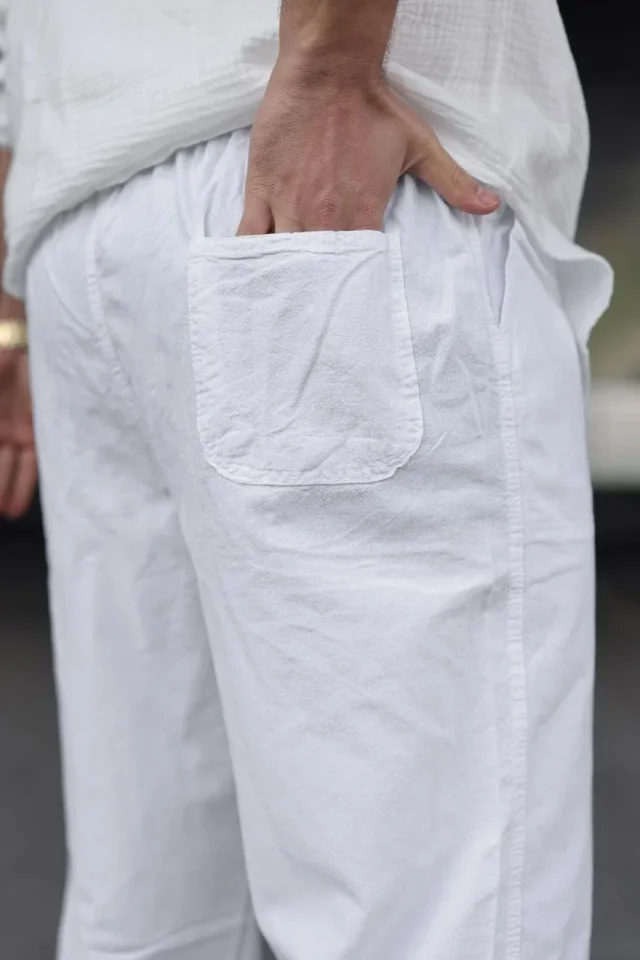 Erkek Ham Keten Beli Lastikli Cepli Regular Fit Boru Paça Pantolon – Beyaz