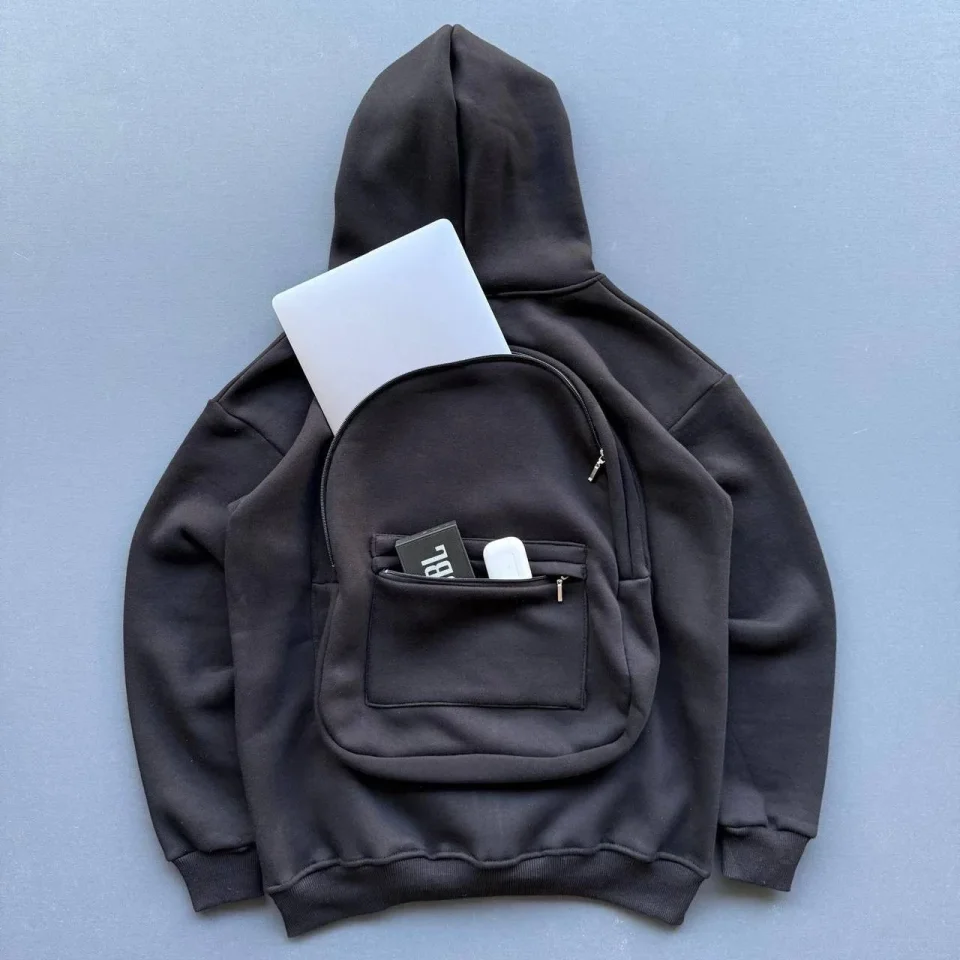 Erkek 3 İplik Şardonlu Tam Fermuarlı Kapüşonlu Arka Çanta Detaylı Sweatshirt – Siyah