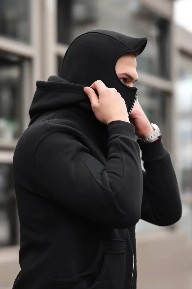 Erkek Maskeli Ninja Model Çift Kapüşonlu 3 İplik Şardonlu Fermuarlı Sweatshirt – Siyah