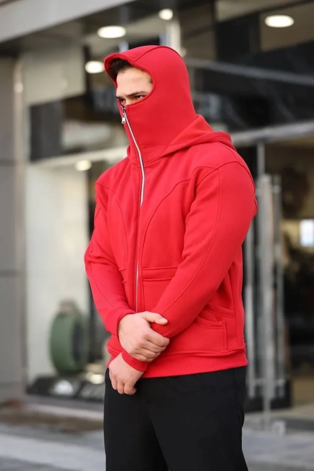 Erkek Maskeli Ninja Model Çift Kapüşonlu 3 İplik Şardonlu Fermuarlı Sweatshirt – Kırmızı