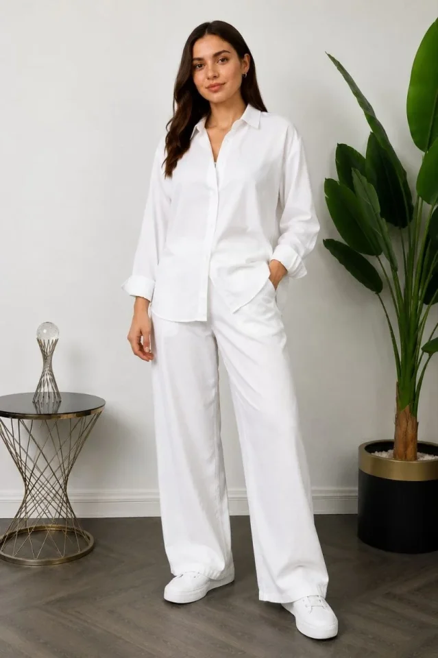 Sofya Keten Gömlek Pantolon Alt Üst Takım Uzun Kollu – Beyaz