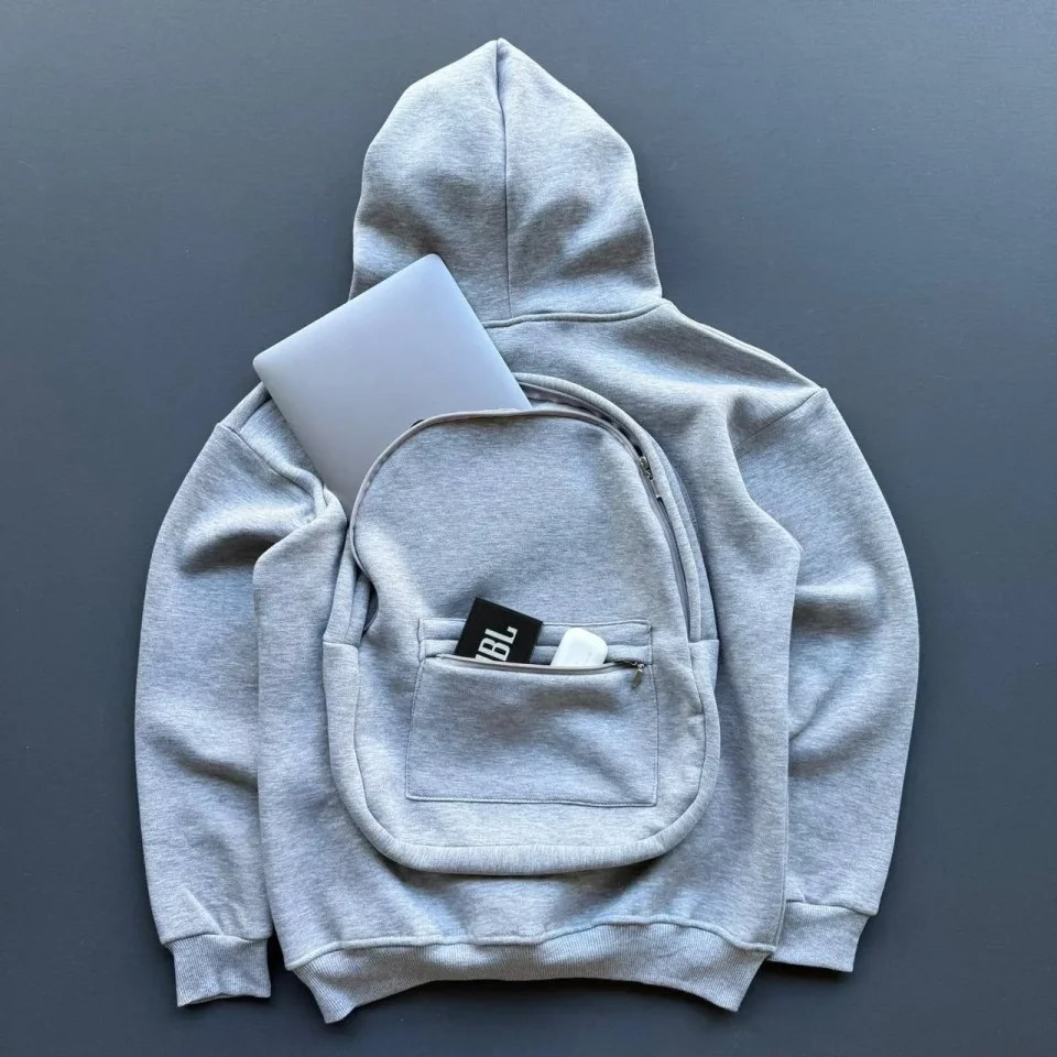 3 İplik Şardonlu Tam Fermuarlı Kapüşonlu Arka Çanta Detaylı Sweatshirt - Gri