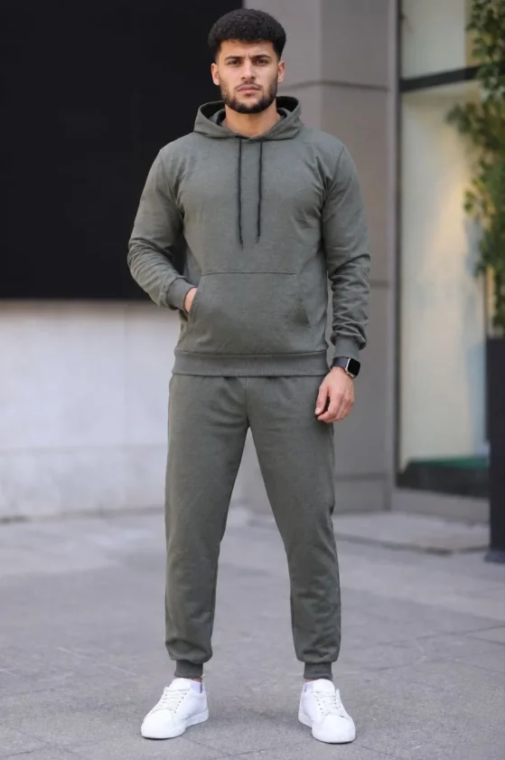 Erkek İki İplik Kapüşonlu Kanguru Cepli Sweatshirt Jogger Pantolon Alt Üst Eşofman Takımı - Haki - Görsel 2