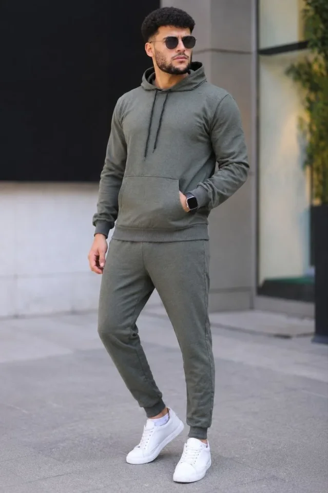 Erkek İki İplik Kapüşonlu Kanguru Cepli Sweatshirt Jogger Pantolon Alt Üst Eşofman Takımı – Haki