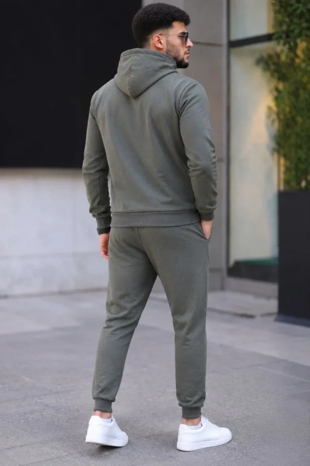 Erkek İki İplik Kapüşonlu Kanguru Cepli Sweatshirt Jogger Pantolon Alt Üst Eşofman Takımı - Haki - Görsel 3
