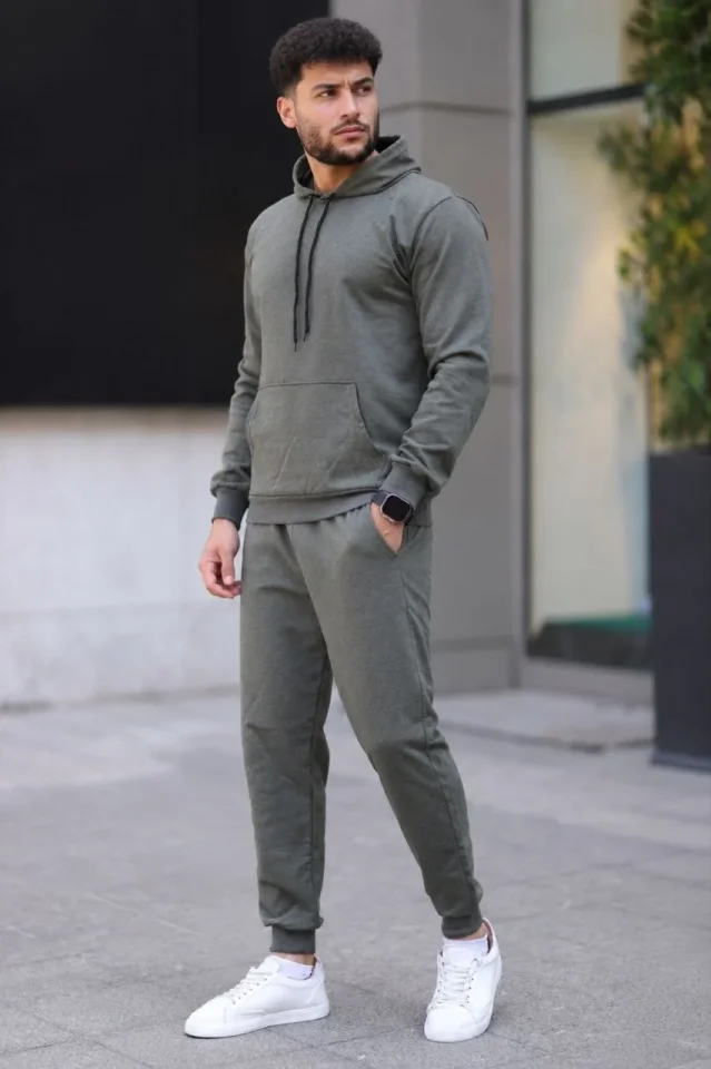 Erkek İki İplik Kapüşonlu Kanguru Cepli Sweatshirt Jogger Pantolon Alt Üst Eşofman Takımı - Haki - Görsel 4