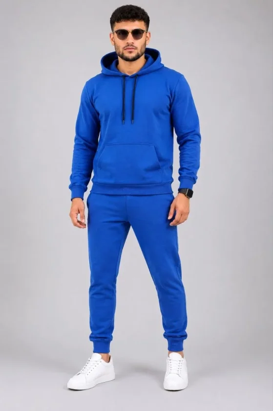 Erkek İki İplik Kapüşonlu Kanguru Cepli Sweatshirt Jogger Pantolon Alt Üst Eşofman Takımı -Saks Mavi - Görsel 2