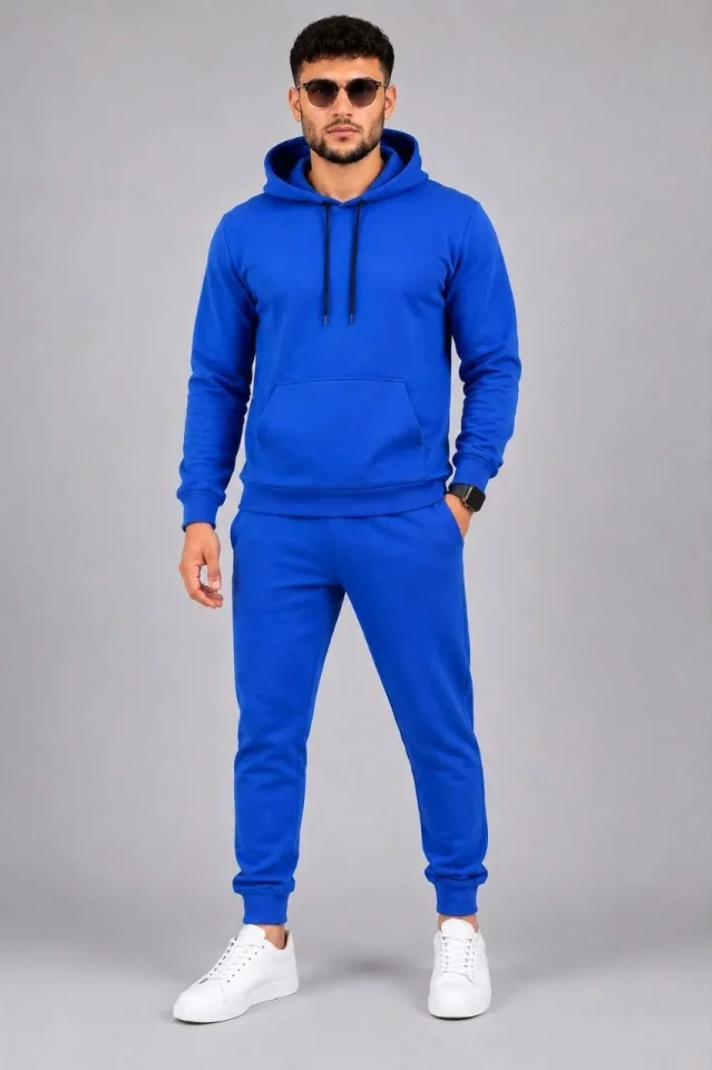 Erkek İki İplik Kapüşonlu Kanguru Cepli Sweatshirt Jogger Pantolon Alt Üst Eşofman Takımı -Saks Mavi - Görsel 3