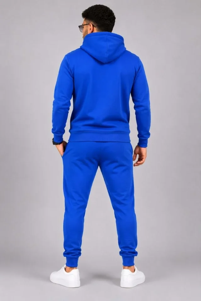 Erkek İki İplik Kapüşonlu Kanguru Cepli Sweatshirt Jogger Pantolon Alt Üst Eşofman Takımı -Saks Mavi