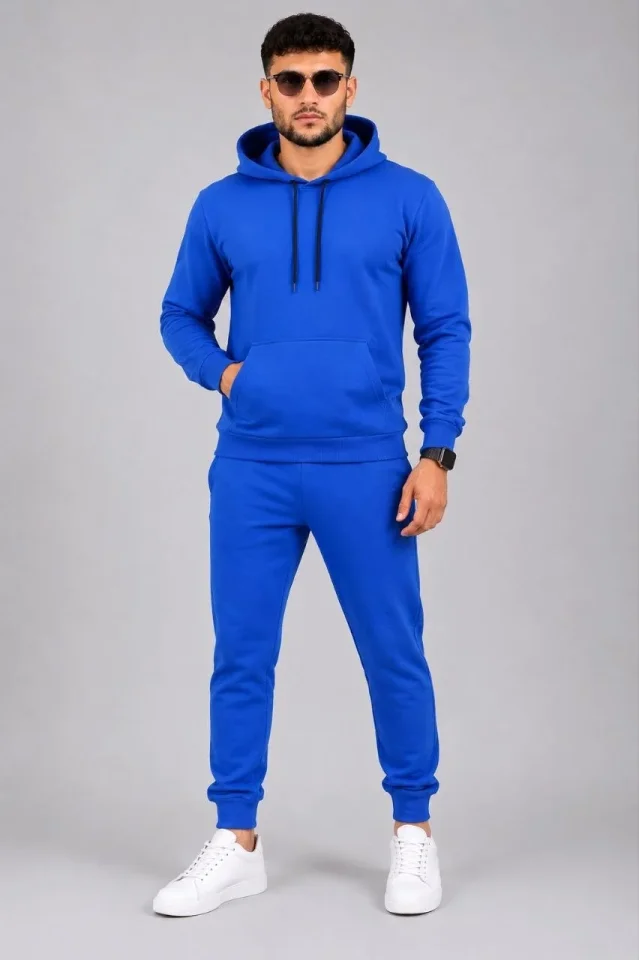Erkek İki İplik Kapüşonlu Kanguru Cepli Sweatshirt Jogger Pantolon Alt Üst Eşofman Takımı -Saks Mavi - Görsel 4