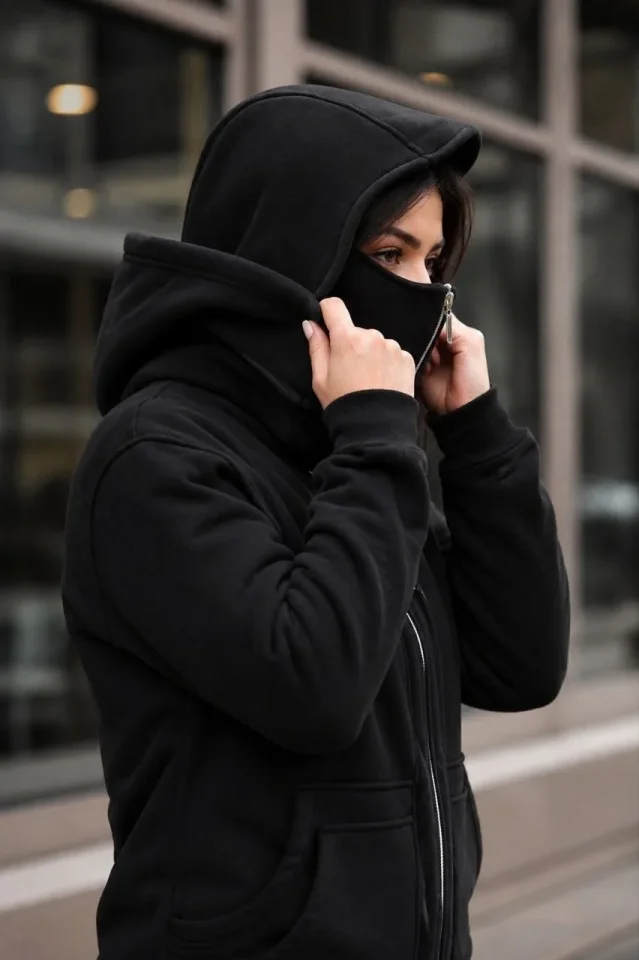 Maskeli Ninja Model Çift Kapüşonlu 3 İplik Şardonlu Fermuarlı Oversize Sweatshirt – Siyah