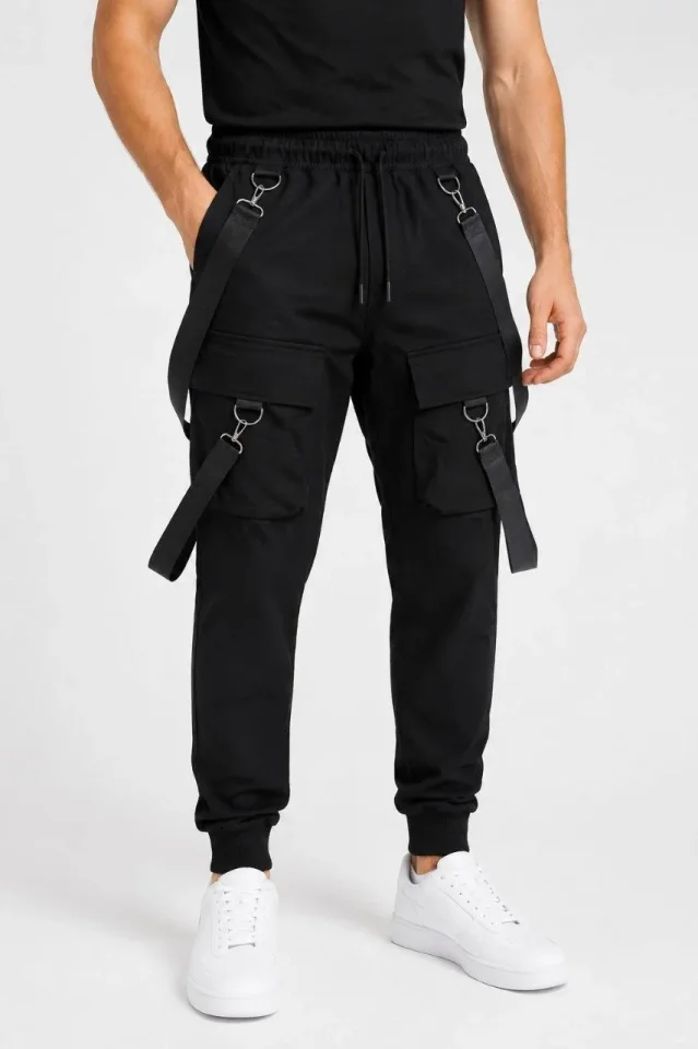 Erkek Techwear Şerit Aksesuarlı Ön Kapak Cep Detaylı Jogger Eşofman Altı – Siyah