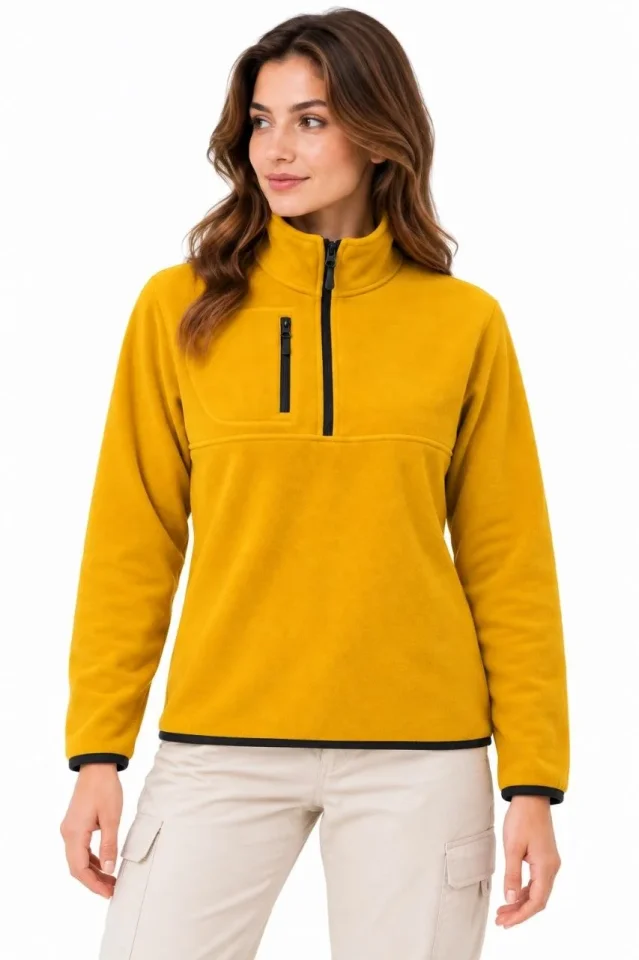 Polar Dik Yaka Yarım Fermuarlı Fermuarlı Göğüs Cepli Regular Fit Kışlık Sweatshirt - Hardal Sarısı - Görsel 3