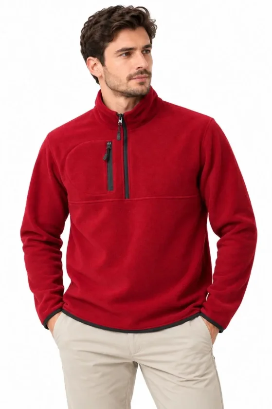 Erkek Polar Dik Yaka Yarım Fermuarlı Fermuarlı Göğüs Cepli Regular Fit Kışlık Sweatshirt - Bordo - Görsel 2