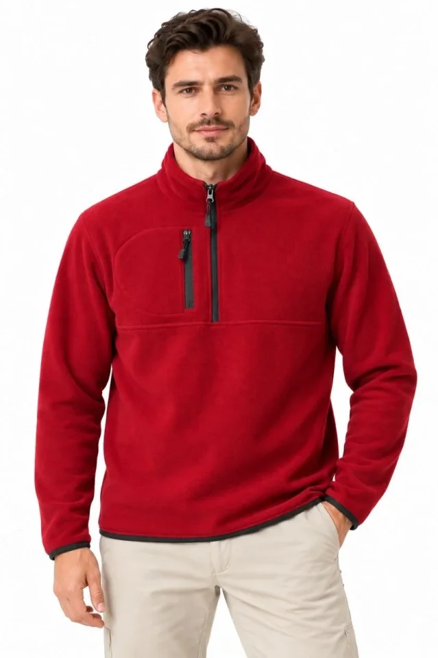 Erkek Polar Dik Yaka Yarım Fermuarlı Fermuarlı Göğüs Cepli Regular Fit Kışlık Sweatshirt - Bordo - Görsel 3