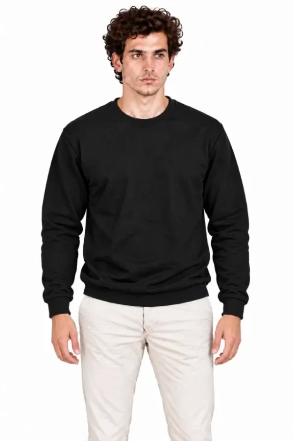 Erkek Bisiklet Yaka İçi Şardonlu 2 İplik Düz Uzun Kollu Regular Fit Sweatshirt - Siyah