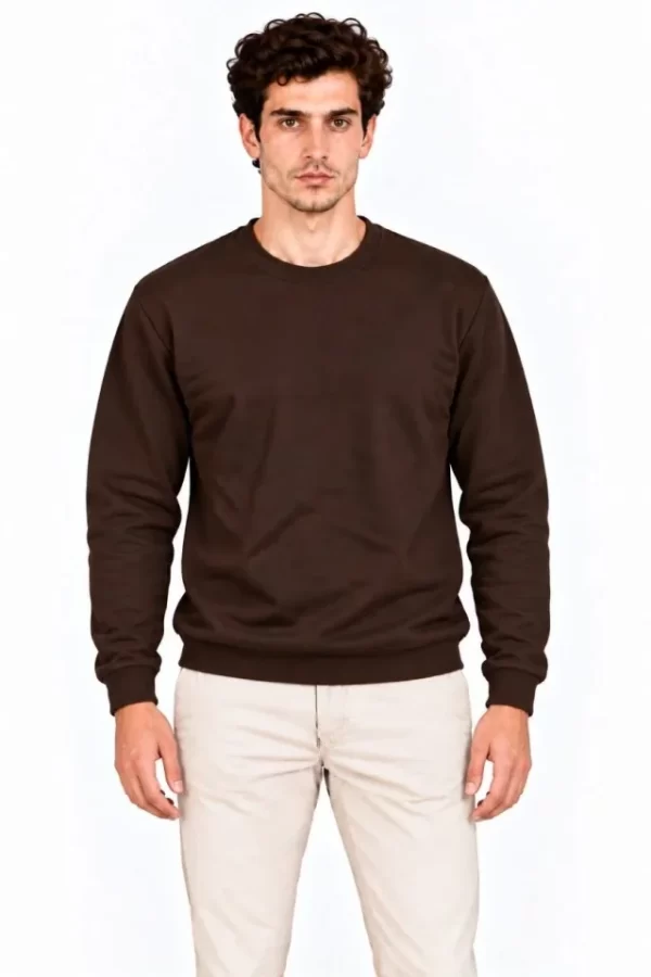 Erkek Bisiklet Yaka İçi Şardonlu 2 İplik Düz Uzun Kollu Regular Fit Sweatshirt - Kahverengi