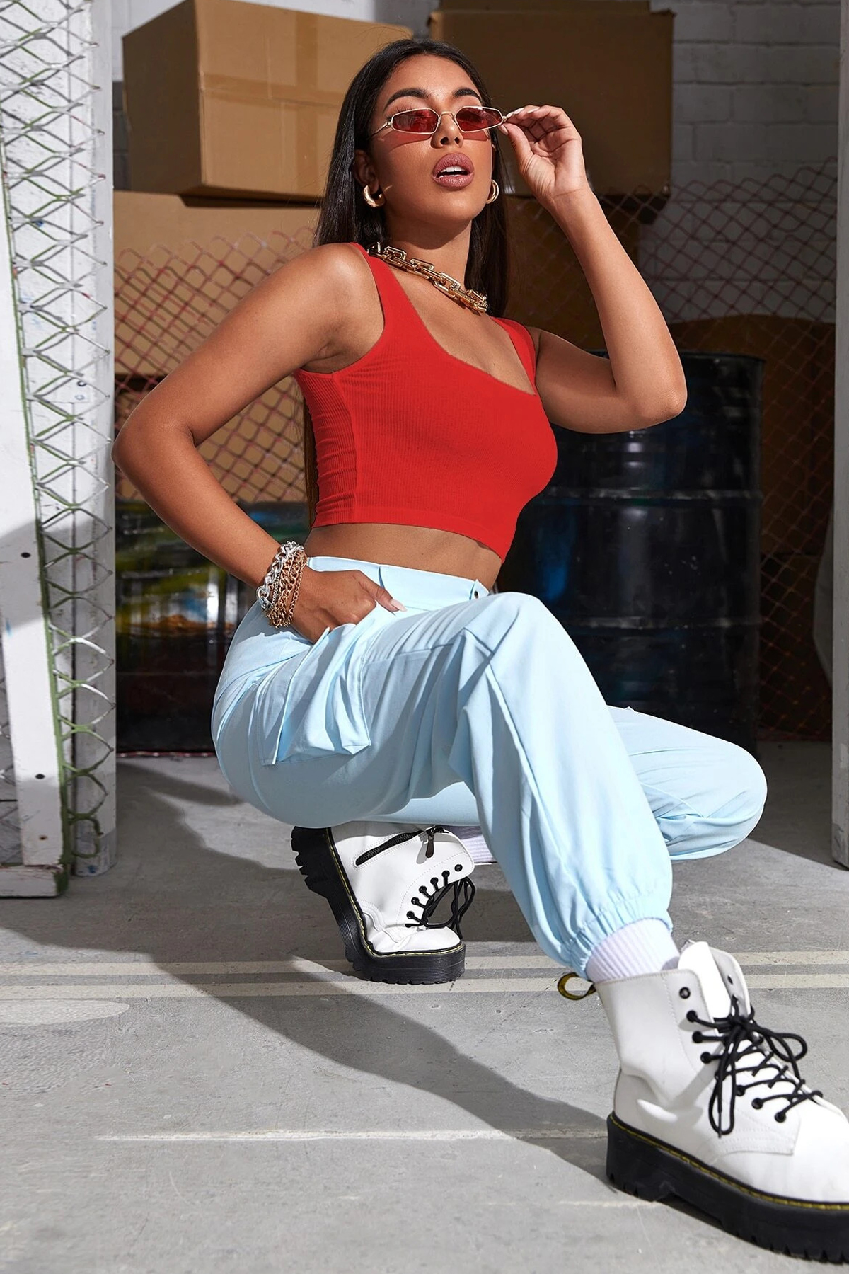 Kadın Kırmızı Kalın Askılı Crop Top Büstiyer - Görsel 5