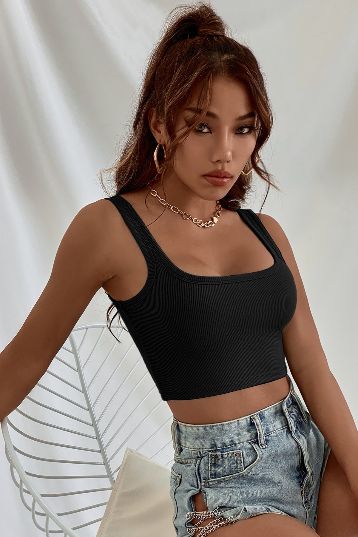 Kadın Siyah Kalın Askılı Crop Top Büstiyer - Görsel 6