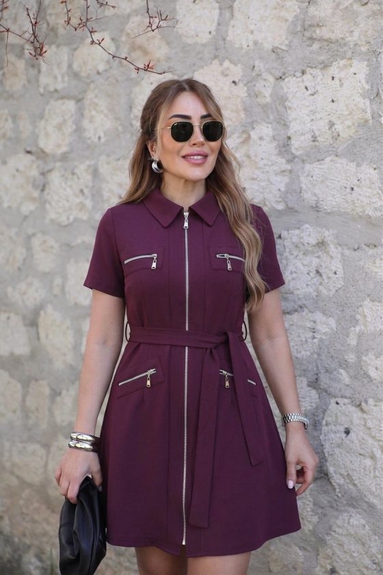 Kadın Kısa Kollı Yakalı önden Fermuarlı Ve Cepli Kısa Modal Elbise - Görsel 2