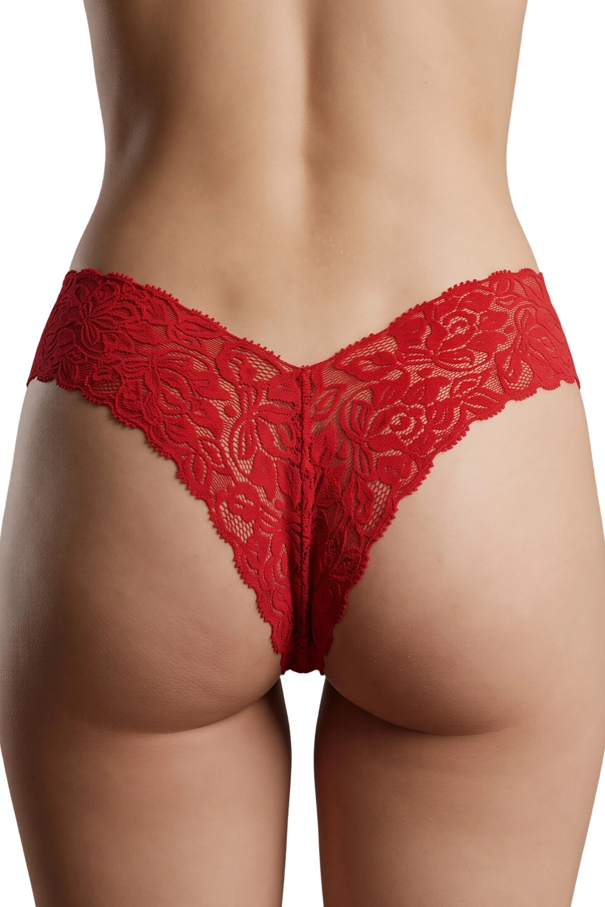 Kırmızı Çiçek Desenli Dantel String Külot