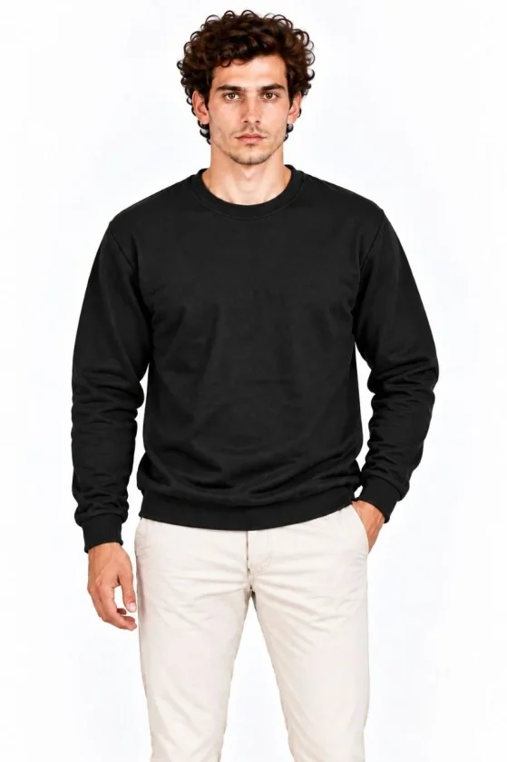 Erkek Bisiklet Yaka İçi Şardonlu 2 İplik Düz Uzun Kollu Regular Fit Sweatshirt - Siyah - Görsel 2