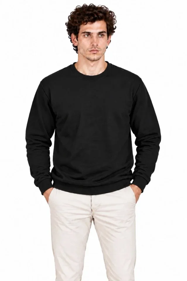 Erkek Bisiklet Yaka İçi Şardonlu 2 İplik Düz Uzun Kollu Regular Fit Sweatshirt - Siyah - Görsel 4