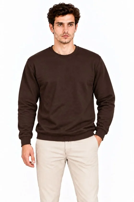Erkek Bisiklet Yaka İçi Şardonlu 2 İplik Düz Uzun Kollu Regular Fit Sweatshirt - Kahverengi - Görsel 2