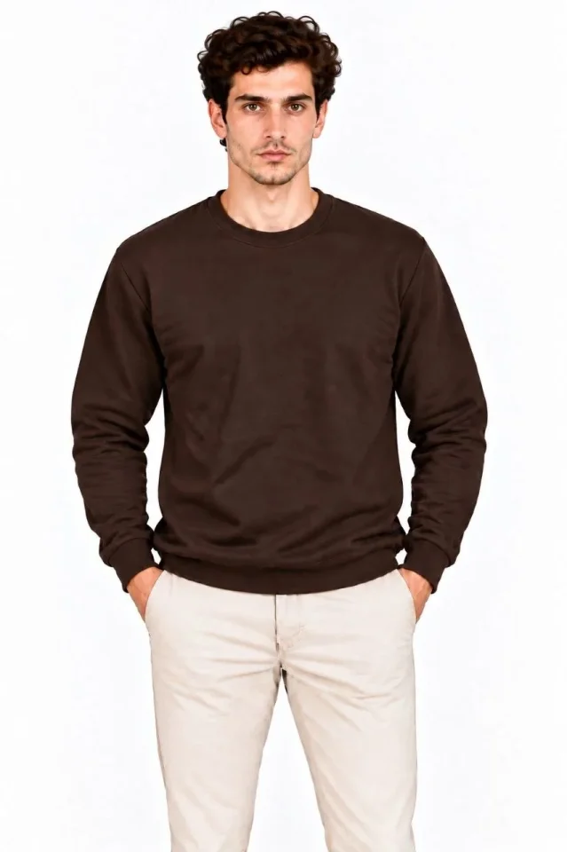 Erkek Bisiklet Yaka İçi Şardonlu 2 İplik Düz Uzun Kollu Regular Fit Sweatshirt - Kahverengi - Görsel 3