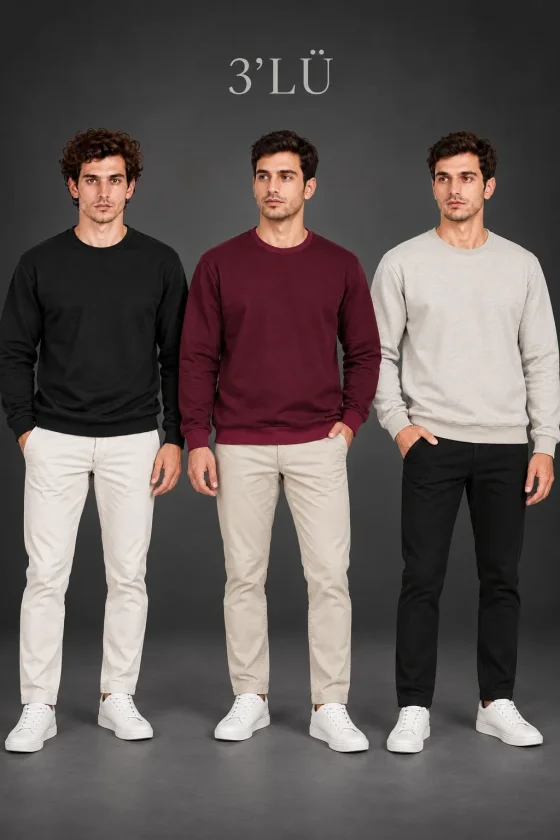 Erkek 3Lü Bisiklet Yaka İçi Şardonlu 2 İplik Düz Uzun Kollu Regular Fit Sweatshirt - Siyah - Bordo - - Görsel 2