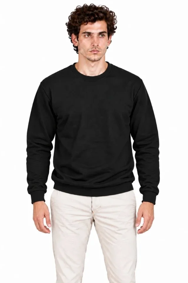Erkek 3Lü Bisiklet Yaka İçi Şardonlu 2 İplik Düz Uzun Kollu Regular Fit Sweatshirt - Siyah - Bordo - - Görsel 3
