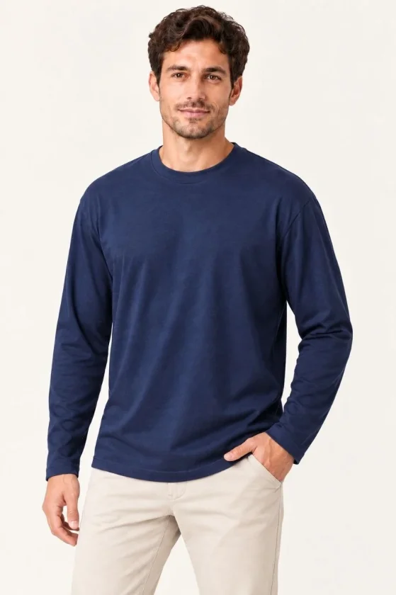 Erkek Modal Yumuşak Dokulu Bisiklet Yaka Uzun Kollu Tişört Sweatshirt - Lacivert - Görsel 2