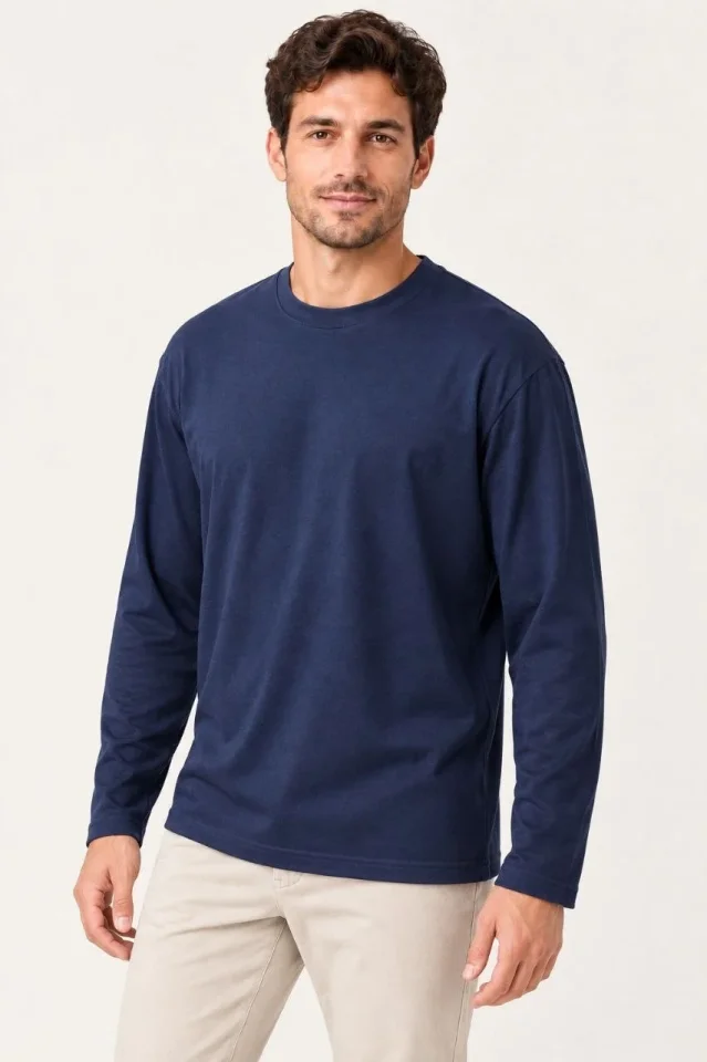 Erkek Modal Yumuşak Dokulu Bisiklet Yaka Uzun Kollu Tişört Sweatshirt - Lacivert - Görsel 3