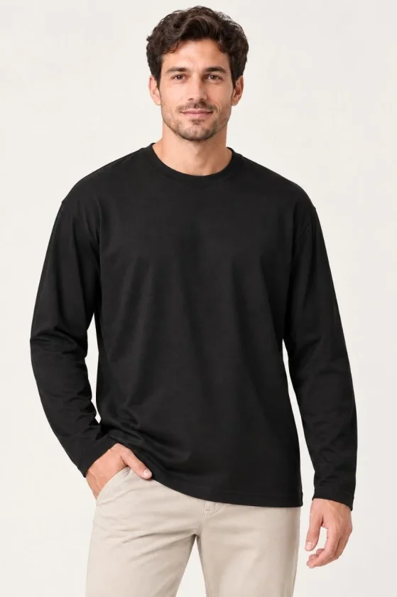 Erkek Modal Yumuşak Dokulu Bisiklet Yaka Uzun Kollu Tişört Sweatshirt - Siyah - Görsel 2
